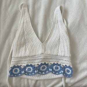 Holister White and Blue Crochet Top